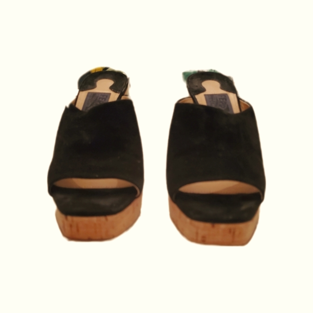 Salvatore Ferragamo Black Suede Cork Lucite Panel Platform Wedge Slides